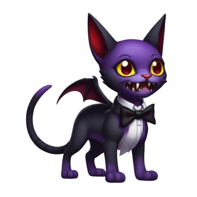 Cute-Evil-Vampiric-Batty-Cat-Black-Purple-Red-Yellow-Contrast-Colors-Fantasy-Fur-Sona-Chibi-Shiny-Fakémon-Hybrid with horns and big fangs neck bow white tie leg spats full body sticker