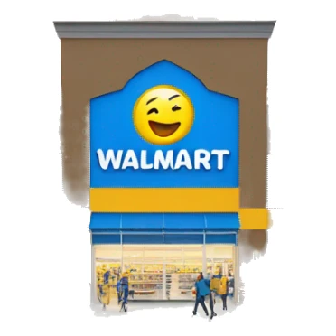 “Exterior of a Walmart store with the sunburst logo above the entrance, blue facade with yellow accents, large sliding glass doors, and shopping carts lined up outside, capturing the look of a busy retail supercenter.” sticker