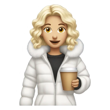 blonde girl wearing white fluffy jacket and a coffee to go in hand sticker