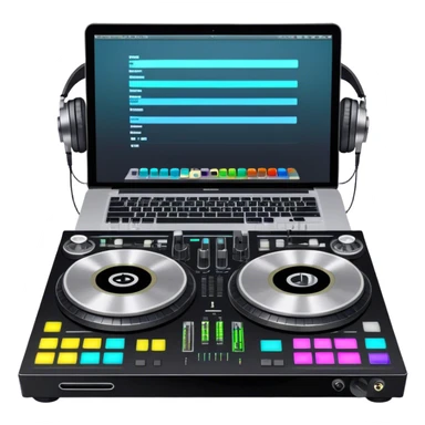 Create a professional and technical emoji that represents remixing music. The design should feature a high-end DJ controller, turntables with vinyl records, and a sound mixing console with faders to symbolize the technical aspects of remixing. Include elements like studio headphones and a laptop or digital audio workstation (DAW) screen to reflect the tools used in music production. Use colors like black, silver, and neon accents to convey the professional, high-tech nature of remixing. The background should be transparent. sticker
