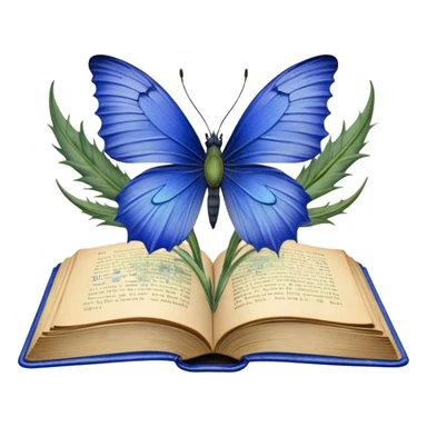 A vintage book with a worn blue cover, open to reveal pressed blue cornflowers and a resting green butterfly. sticker