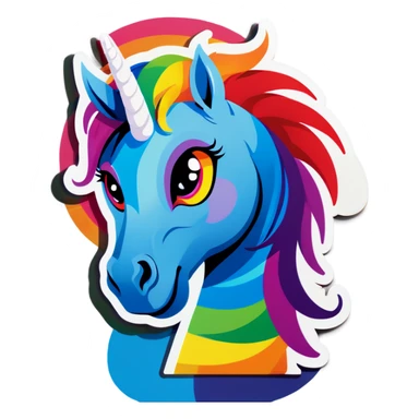 A rainbow colored horse with a very large horn in between its eyes sticker