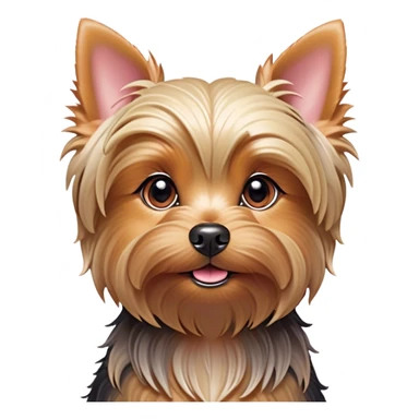 Cinematic Cute Yorkshire Terrier Portrait Emoji, Head perked with bright, twinkling eyes and a perky expression, showcasing a soft, silky fur in rich hues, simplified yet adorably detailed, glowing with a cheerful, inviting glow, high shine, exuding playful intelligence and spunky charm, styled with a gentle, whimsical outline, capturing the essence of a cute Yorkshire Terrier that appears ready to frolic off the screen with irresistible energy! sticker