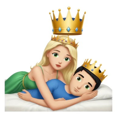 Blonde Queen with crown, Green eyes, naked, kissing man, naked, no crown, black hair, blue eyes, whole Body, Background bed sticker