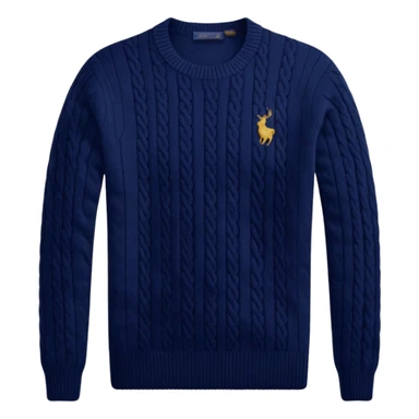 Ralph Lauren sweater, classic cable knit, navy blue, small polo logo sticker