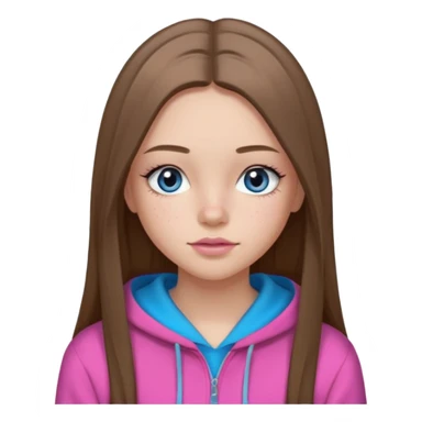 Create a TEENAGE girl with LONG and straight light brunette hair with a middle part, light skin, light freckles, and blue-gray eyes. She will have pink lips and LONG eyelashes. She will be wearing a black hoodie sticker