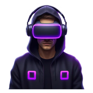 Russian man wearing a black hoodie with "OMG" letters on it and VR headset in a cyberpunk VR environment with violet neon lighting. sticker