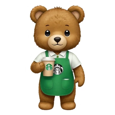teddy bear wearing green apron with one cup of starbucks coffee sticker