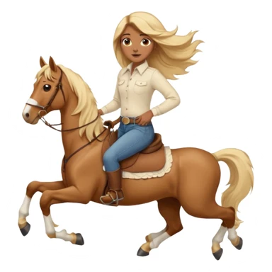 Brown girl with very long blonde/gold hair that’s blowing in the wind wearing a cream colored collared long sleeve shirt and jeans with brown boots on top of a brown horse with 4 legs sticker