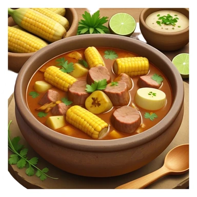 Cinematic Realistic Sancocho Antioqueño Emoji, depicting a hearty Colombian stew brimming with tender cuts of meat, yuca, plantains, corn on the cob, and potatoes in a rich, flavorful broth. Served in a rustic clay bowl with fresh cilantro and lime on the side, rendered with warm, inviting textures and homely, comforting lighting. sticker