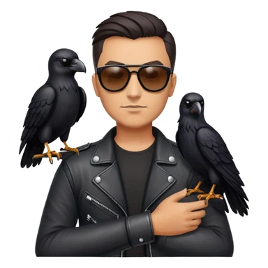 Biker with wings wearing sunglasses holding a raven sticker