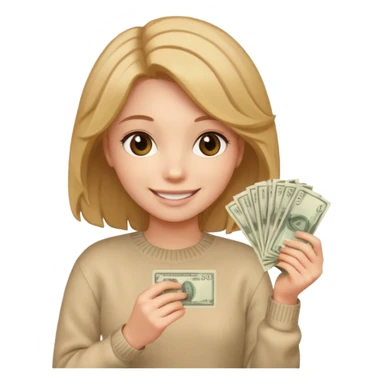 girl with rummy hair in beige sweater happy with money in hands sticker