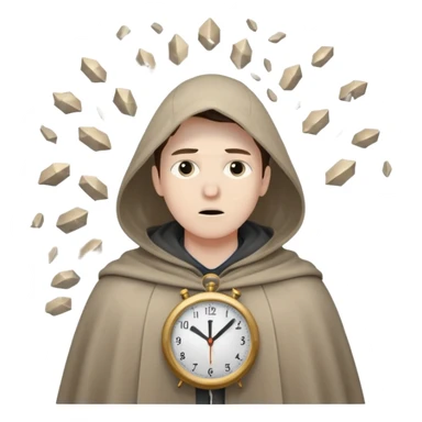 Character standing calm while clock fragments explode past, cloak barely moving sticker