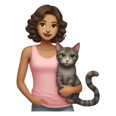 A mexican american girl with green eyes and dark brown hair with mauve pink lips wearing light washed jeans and a pink polka dot tank top shes smiling and petting her orange cat  sticker