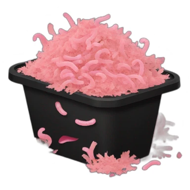 Black cubic plastic container with wood shavings and pink worms inside sticker