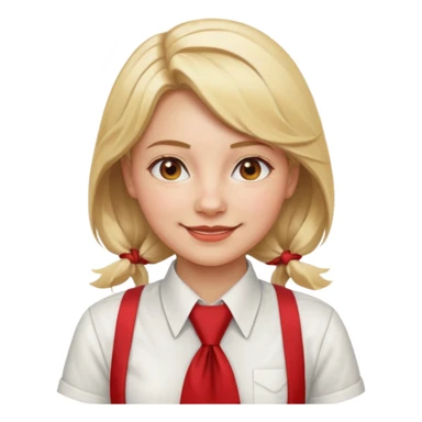 A Soviet pioneer girl emoji — smiling young girl wearing a white shirt and a bright red pioneer necktie tied in a loose triangle knot with wide ends (not a formal tie). No hat or headwear. Blonde hair, friendly face, flat minimal emoji style, Apple emoji aesthetic, clean outlines and soft shading. sticker