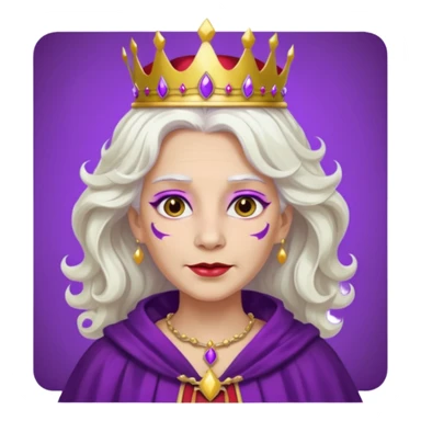 Queen with wavy white hair – golden crown, purple robe, red face paint mark sticker