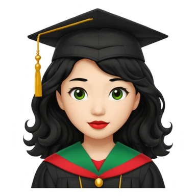 College Graduate asian black hair with wavy hair long  with black red stash with green benilde on the middle sticker