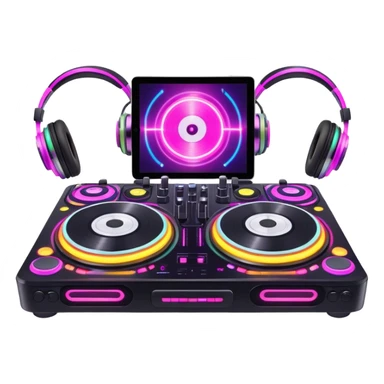 Create a dynamic and modern emoji that represents electronic music and DJing. The design should feature a DJ controller with two vinyl turntables, DJ headphones, and glowing sound waves or a waveform to symbolize the energy of mixing and electronic beats. Use vibrant neon colors like electric blue, neon pink, or green to represent the futuristic and pulsating nature of electronic music. Add subtle details of flashing lights or abstract patterns to evoke the nightclub or festival atmosphere. The background should be transparent. sticker