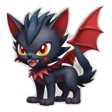  cool edgy beautiful fantasy anime-style dark animal vampiric Litten-Zoroark-Nargacuga-cat-hybrid Fakemon with big fangs and bat-ears full body sticker