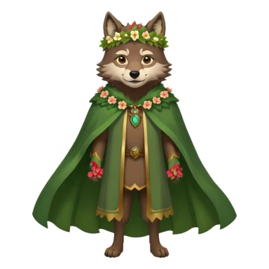 wolf dressed as a druid, flower crown, green cape, full body icon sticker