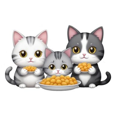One black and white cat and two gray cats eating food sticker