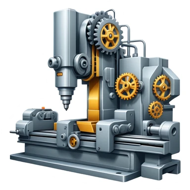An icon featuring a giant machine tool in a factory, manufacturing machines. The design includes gears, mechanical parts, and a production line, representing the art of mechanical engineering and industrial design. Transparent background highlights precision engineering and manufacturing processes. sticker