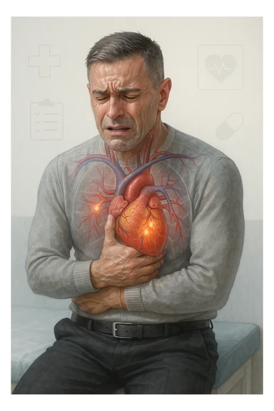 a middle-aged man sits on a bench, clutching his chest with a pained expression. His face is pale and sweaty, and his posture is hunched forward. A transparent overlay reveals his heart and major blood vessels, with highlighted areas indicating blockages or damage. The background is clean and clinical, with subtle medical icons. sticker