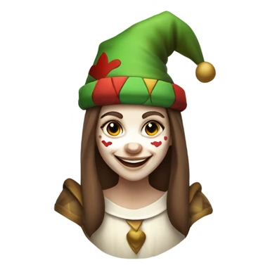 white skinned smiling medieval jester girl with clown face paint wearing a medieval jester hat with straight long brown hair with a big smile  sticker