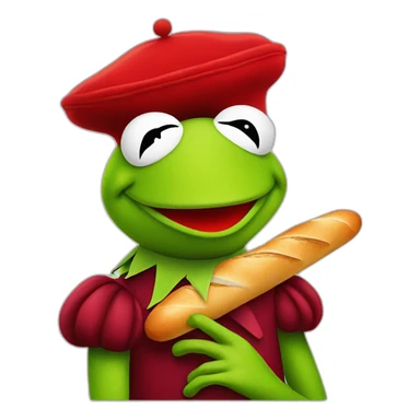 kermit the frog with a red beret and a baguette sticker