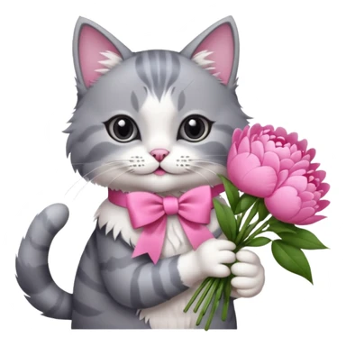 Cute cat Handing pink peonies like reaching a hand and handing them out a bouquet of them not a physical hand the cats hand  make the cat fluffy and grey and white fluffier make the cat wear a pink coquette make her wear a pink coquette sticker