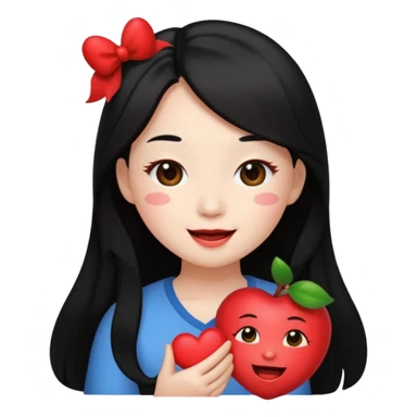 wonyoung as an apple-style emoji, winking, holding a heart, long hair sticker