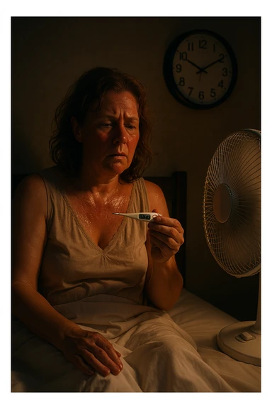 50-year-old woman sitting on bed at 3AM, nightgown soaked in sweat, face flushed as she holds thermometer showing 37.8°C, fan blowing directly on her sticker