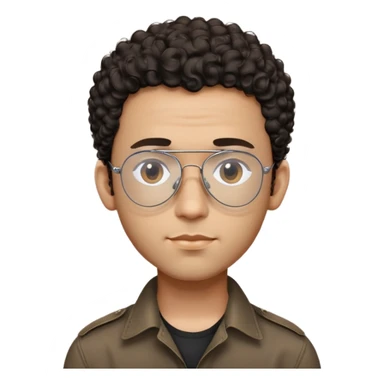 Man with small face and prominent forehead, teardrop-shaped aviator glasses, very minimal dark curly hair on top with completely shaved sides, light brown complexion, gentle expression, black button-up shirt sticker