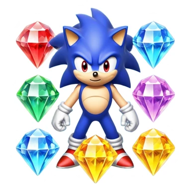 I want Sonic the hedgehog with the 7 chaos emeralds and the Goku aura transformation, where is the super Sonic aura Is a power 7 diamonds, red, blue, yellow, green, white, skyblue and purple, and Sonic changed color into yellow with the seven diamonds or chaos emeralds, and the spine is up sticker