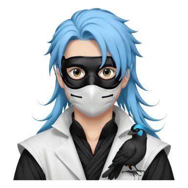 Handsome sexy adult anime man with light-blue hair and a black bird beak mask that covers whole face, black face mask, black mouth mask, black feathers draped over shoulder, wearing a white lab coat, long thin hair tendrils on the sides sticker