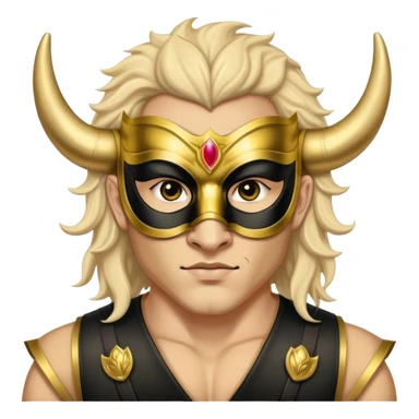 a man, with a vest,  wear half-face golden Buffalo masquerade mask sticker