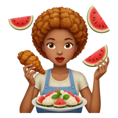 A black woman eating fried chicken and watermelon sticker