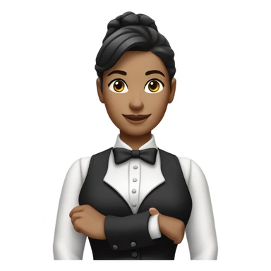 a caucasian female butler with a professional and elegant demeanor. She has her hair neatly tied in a ponytail and wears a classic butler uniform, including a tailored vest, crisp white shirt, and bow tie. sticker