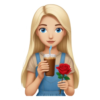 Turkish beautiful finish Konya girl long blonde hair and blue eyes with beige denim dress and had on her hand Rose Cold brew coffee   sticker