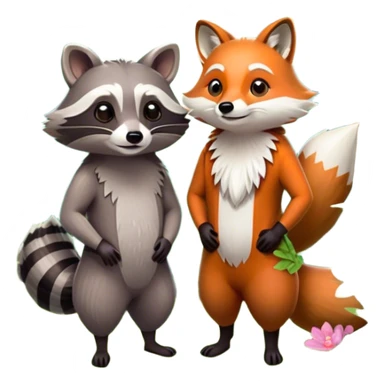 Collage of a raccoon and a fox, in close-up, set in a beautiful forest with tall trees, green bushes, and sunlight filtering through the leaves and flowers. A vibrant, wild atmosphere with a transparent background. sticker