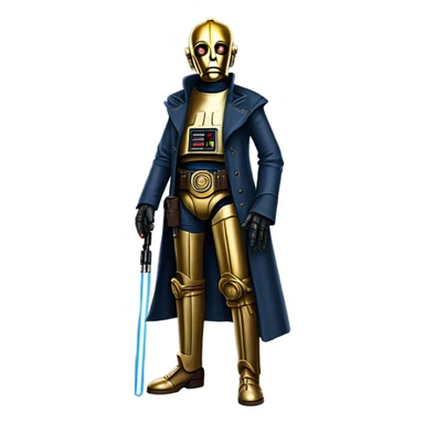 bounty hunter tarnished undercover tough well-equipped Jedi  life-sized darkblue-pearl C3po leather vest clothing pants and vest old west duster coat holding light saber sheriff sticker