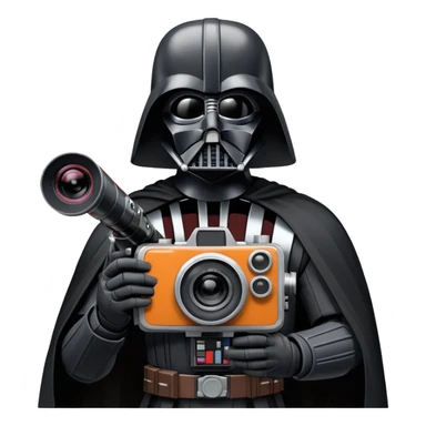 A cel-shaded illustration in the style of Borderlands, featuring Darth Vader holding a retro film camera instead of a lightsaber. Use bright, high contrast and bold outlines. No background, transparent. sticker