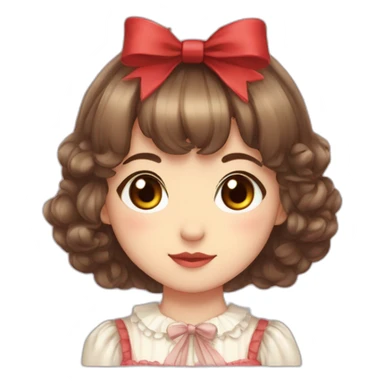 cute girl with brown eyes,brown hair,bang between eyes,short fluffy hair,red ribbon on head,lolita dress,two sides up sticker
