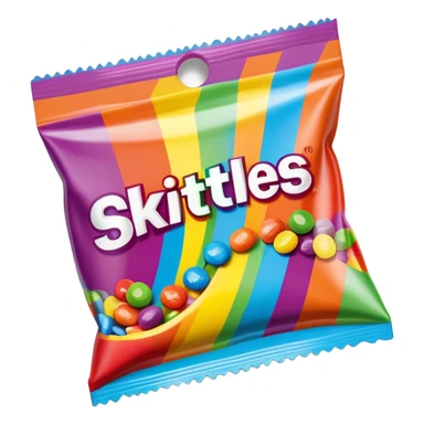 A damaged Skittles package repaired with strips of clear scotch tape, colorful packaging with rainbow colors, minimalist sticker