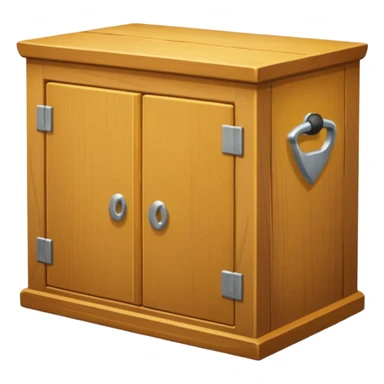 Compact emoji-style icon showing a small wooden cabinet with one door slightly open, a hammer resting beside it, and a plank of wood leaning in the background. Light brown wood tones, silver hammer head, yellow handle. Soft shadows, clean glossy look.  sticker