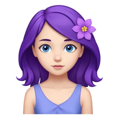 Create a girl of European appearance who looks sideways with dark brown hair, blue eyes and a purple hair flower sticker