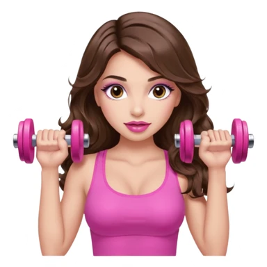 girl with long wavy brown hair, brown eyes, long lashes makeup, sexy pink lips, light to medium complexion, wearing a pink sexy top, lifting a pink dumbells sticker
