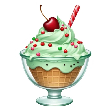 mint chip ice cream with cherry on top and sprinkles in a ruffled glass bowl sticker