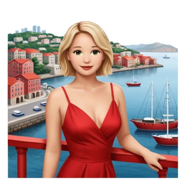 jennifer lawrence, closeup portrait , leaning on a balcony with a harbor and cityscape in the background, smiling, red dress  sticker